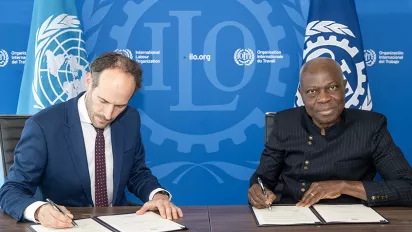 Ratification ceremony of Convention No. 187 on 4 October 2024: Mr Wilm Geurts, Director of International Affairs of the Ministry of Social Affairs and Employment of the Netherlands, and Gilbert F. Houngbo, Director-General of the ILO.